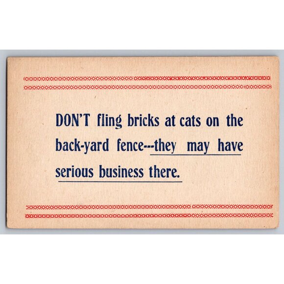 Other - Vintage Postcard With Humorous Cat Quote - "Dont Fling Bricks At Cats" #1672